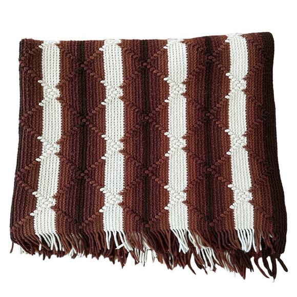 Knit blanket with fringe shades of brown, black and cream 72"x46" - Picture 1 of 11